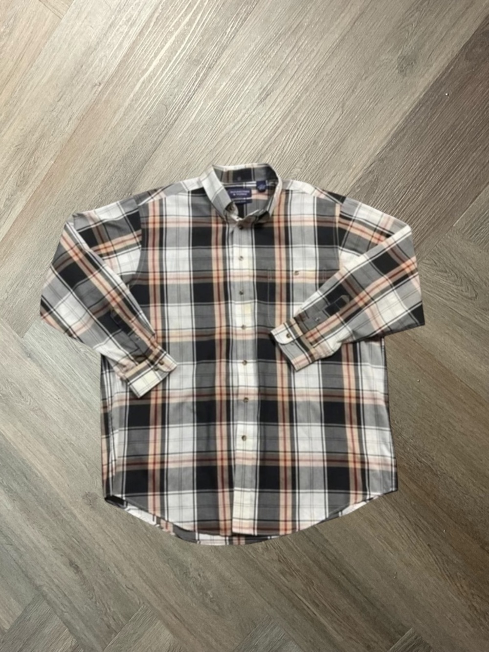 Roundtree‎ Yorke Nova Check Shirt Mens XXL Tall Beige Black Plaid Preppy Holiday